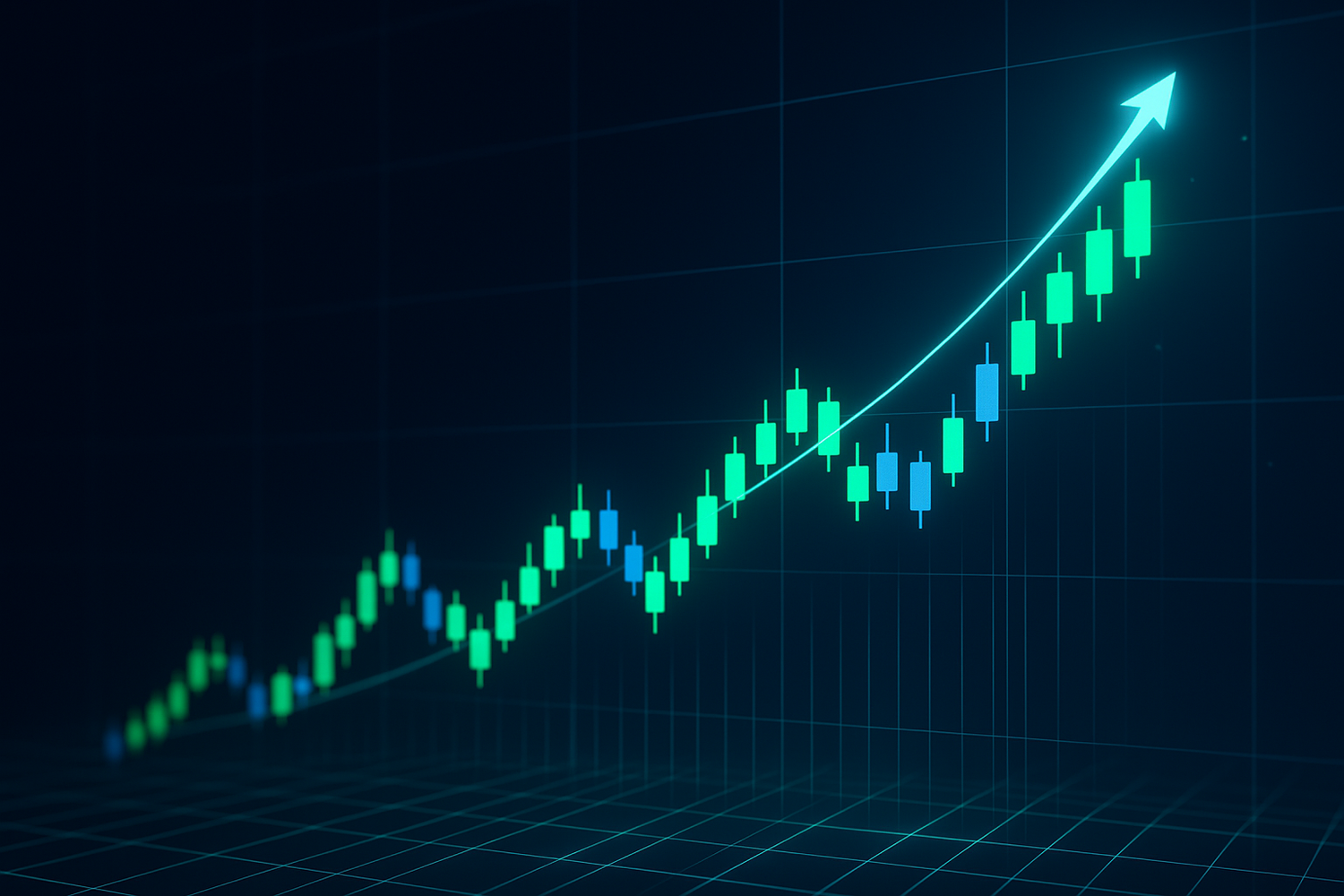 Professional forex trading chart with green and blue candlesticks going upward, dark background, glowing digital lines, futuristic style, symbol of financial growth and trust.